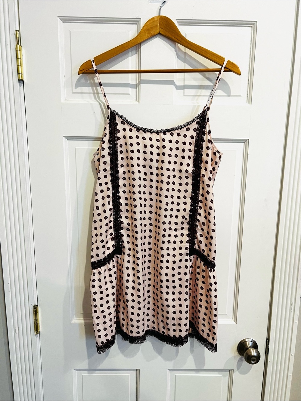 Aerie Pink Lace Trim Slip Dress | Polka Dot | Burgundy Accents | Sleepwear